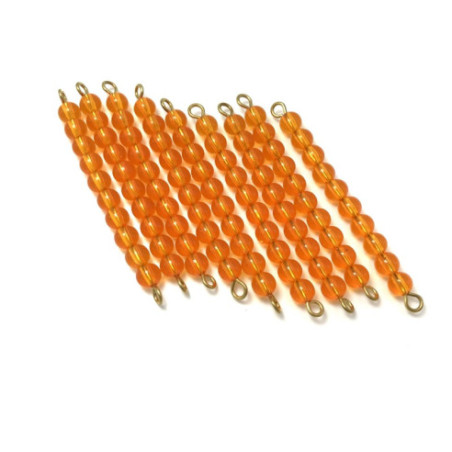 9 barrettes de 10 perles dorées pour les mathématiques Montessori.
