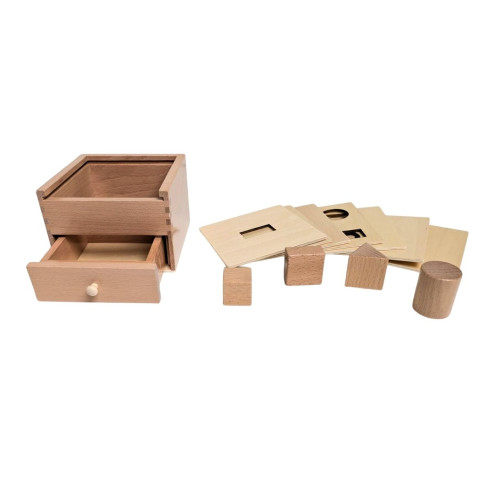 Boite permanence en bois  avec 4 solides à encastrer, éveil Montessori